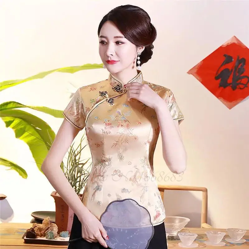 Oversize Vintage Chinese Style Blouse Tang Suit Top Summer Dragon Wedding Clothing Women Satin Shirt Traditional Classic Clothes