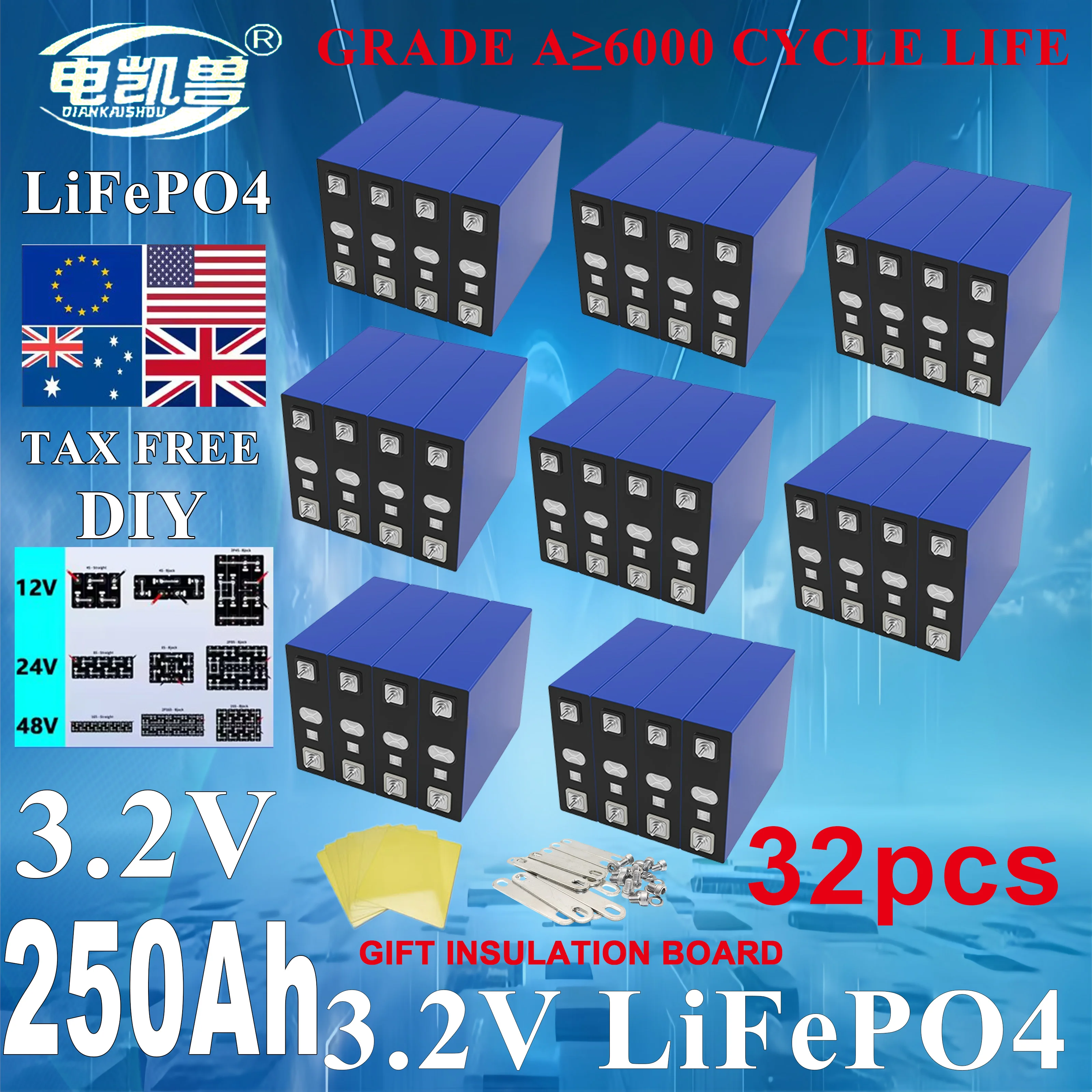 

New 32pcs Grade A 250ah 3.2V Lifepo4 Rechargeable Battery 6000 Cycles DIY 12V 24V 48V RV, yacht, golf cart battery tax free