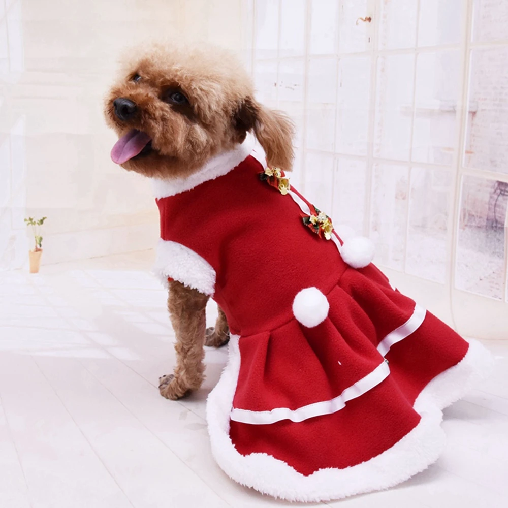 Dog Christmas Dress Pet Autumn Winter Warm Fleece Skirt Small Dog Snowflake Santa Claus Plush Thickened New Year Red Dress