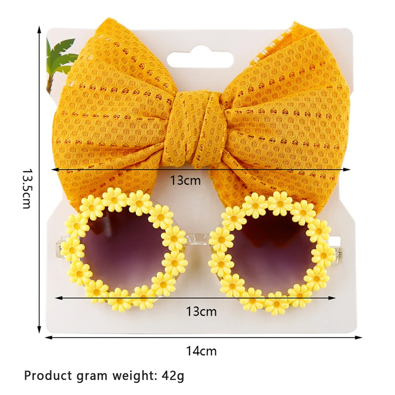 2Pcs Kids Sunglasses Headband Set Baby Unglasses Elastic Nylon Headband Bohemia Beach Seaside Sun Glasses Kids Puff Bow Headwear