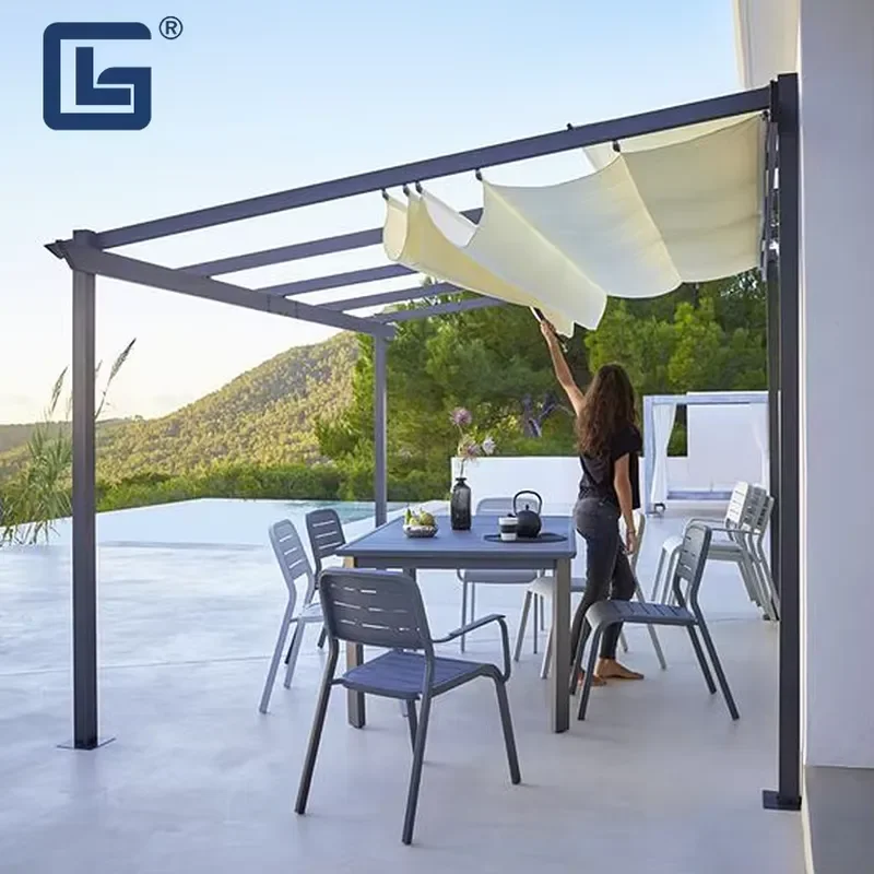 Outdoor Backyard Folding up Retractable Canvas Roof Trellis Aluminum Pergola