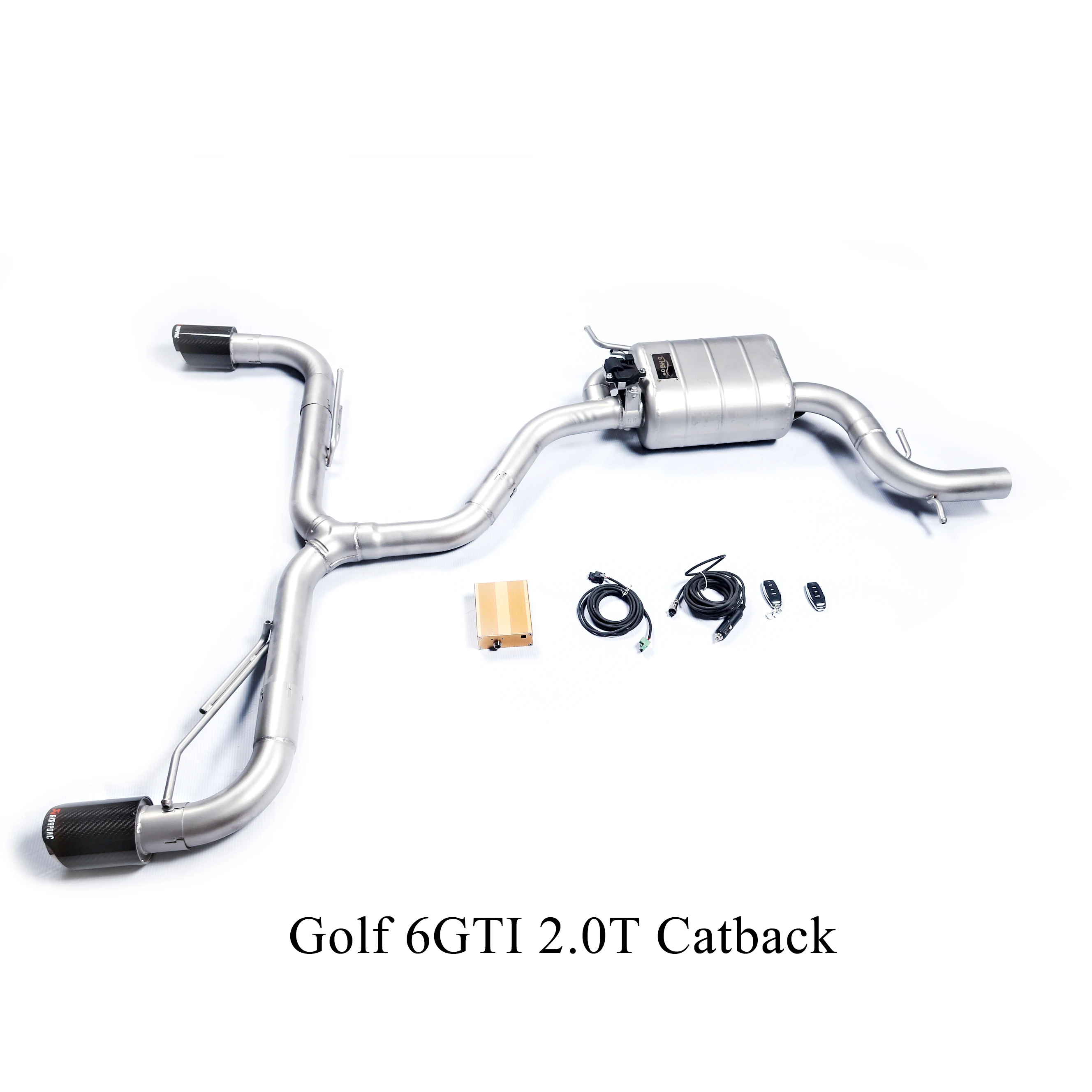 Catback exhaust system for the Golf 6 GTI (MK6), 7 GTI (MK7), 7.5 GTI, and 8 GTI (MK8). Features a Muffler with a valve