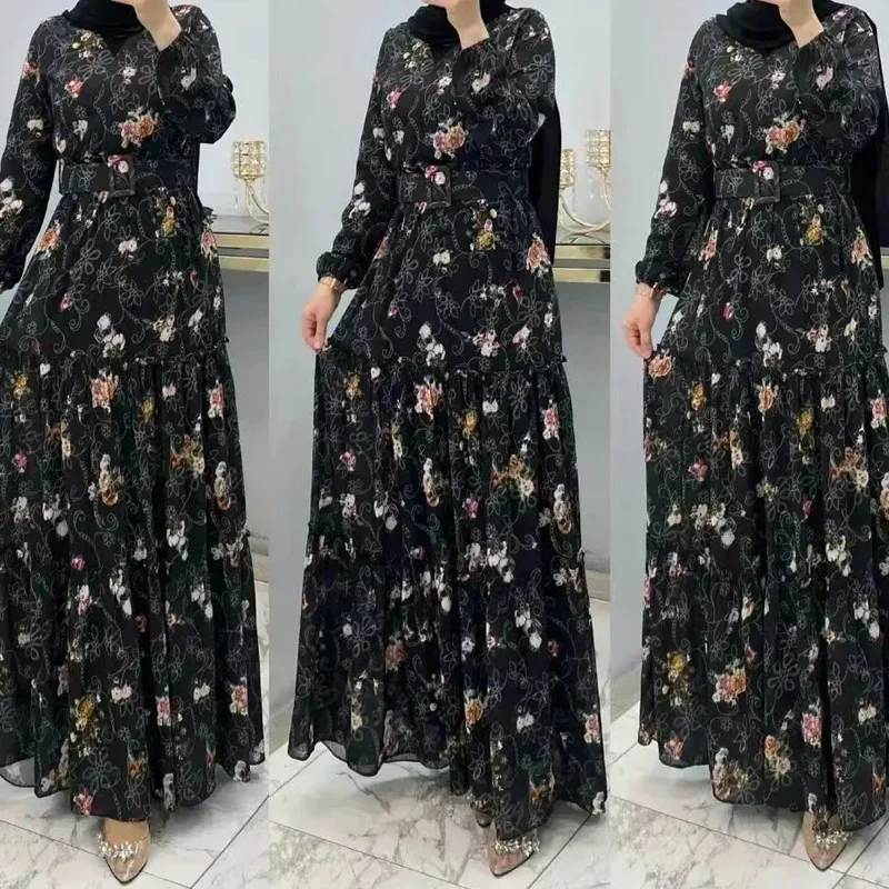 Women Eid Muslim Dresses Dubai Arab Turtleneck Flowers Dress Kaftan Islam Abayas Morocco Vestidos Casual Long Robe Belt