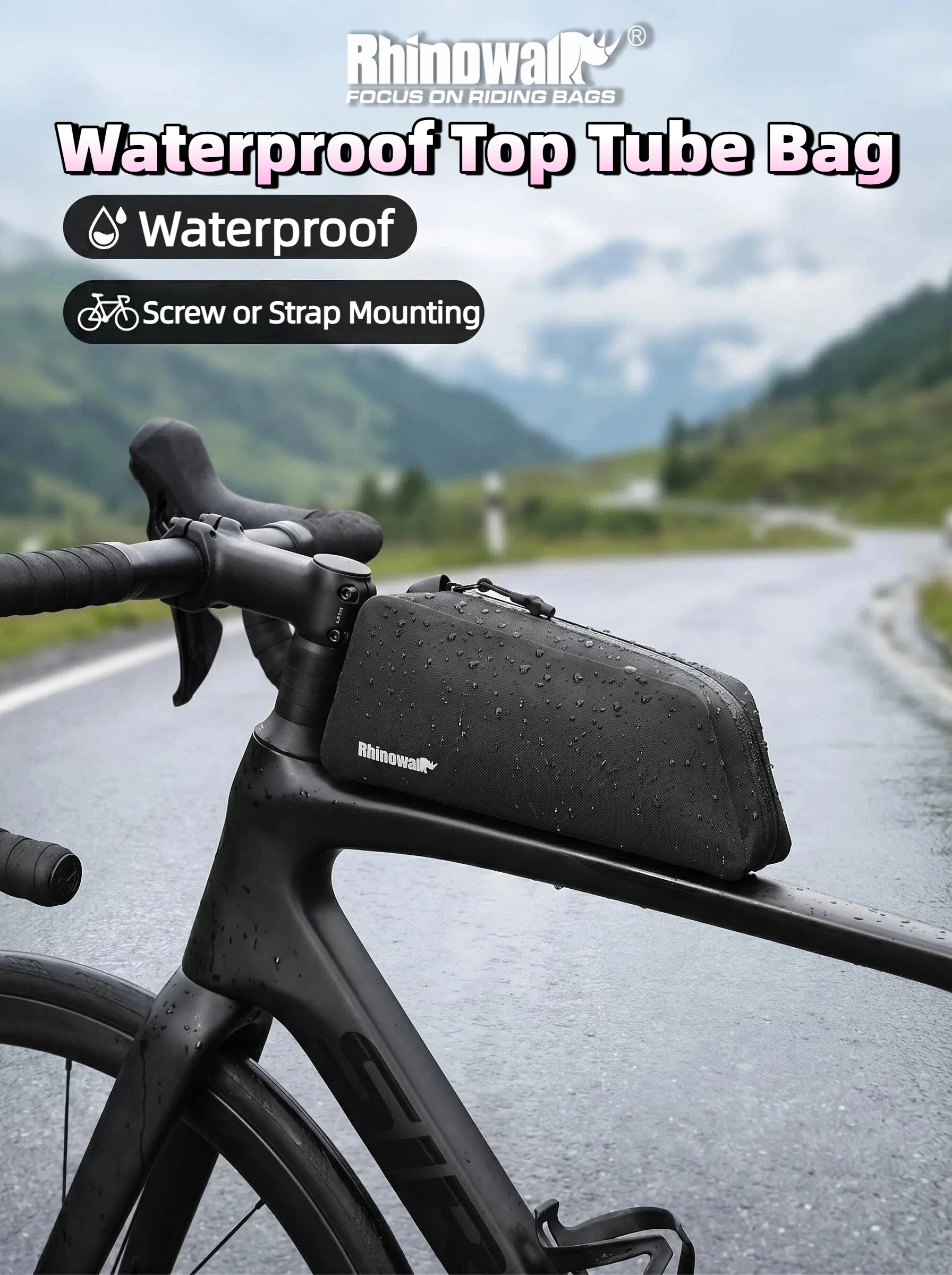 Rhinowalk Bike Top Tube Bag Waterproof Screw or Strap Mount 1L Cycling Frame Bag Phone for MTB Road Gravel Bicycle Backpacking