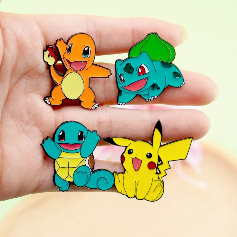 Hot 4Pcs Anime Pikachu Characters Enamel Brooch Badges Charmander Squirtle Bulbasaur Figure Lapel Pins Gifts For Fans Collectors