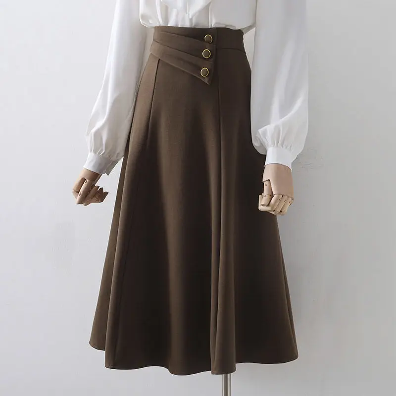 Fashion Solid Color Spliced Button Asymmetrical Skirts Women's Clothing 2023 Autumn Winter Loose Office Lady High Waist Skirt