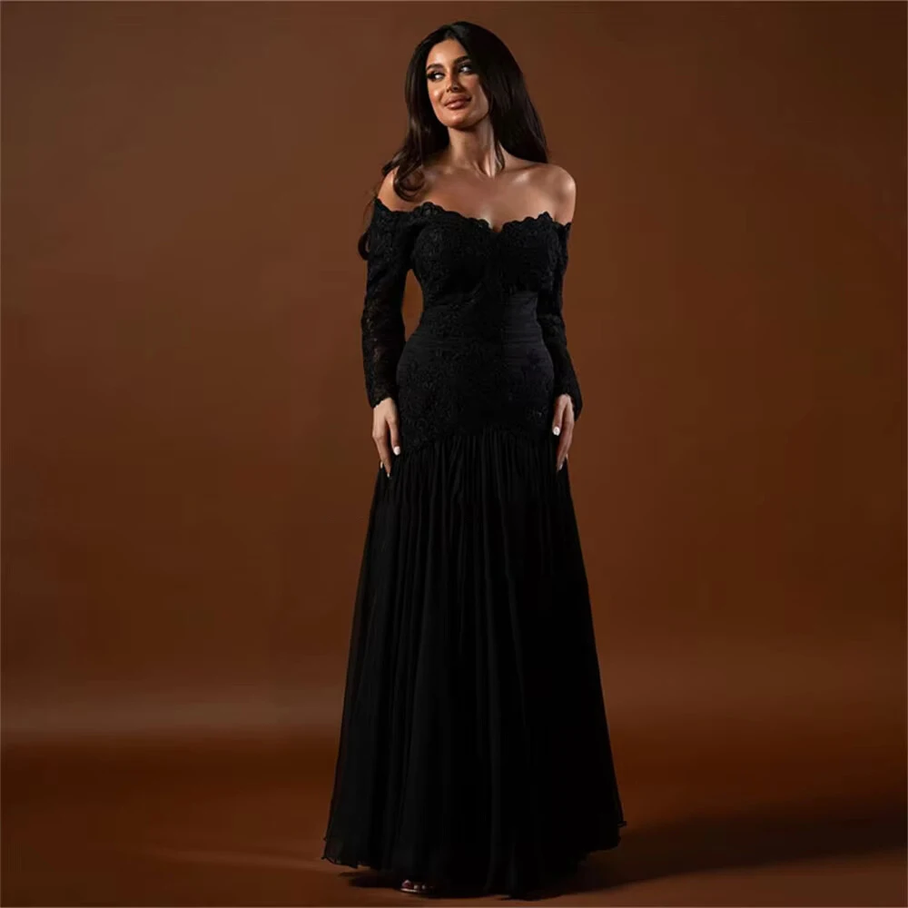 Elegant Black Prom Dresses Black Mermaid Off Shoullder Evening Dresses Customized Full Sleeves Vestido de FIesta Floor Length