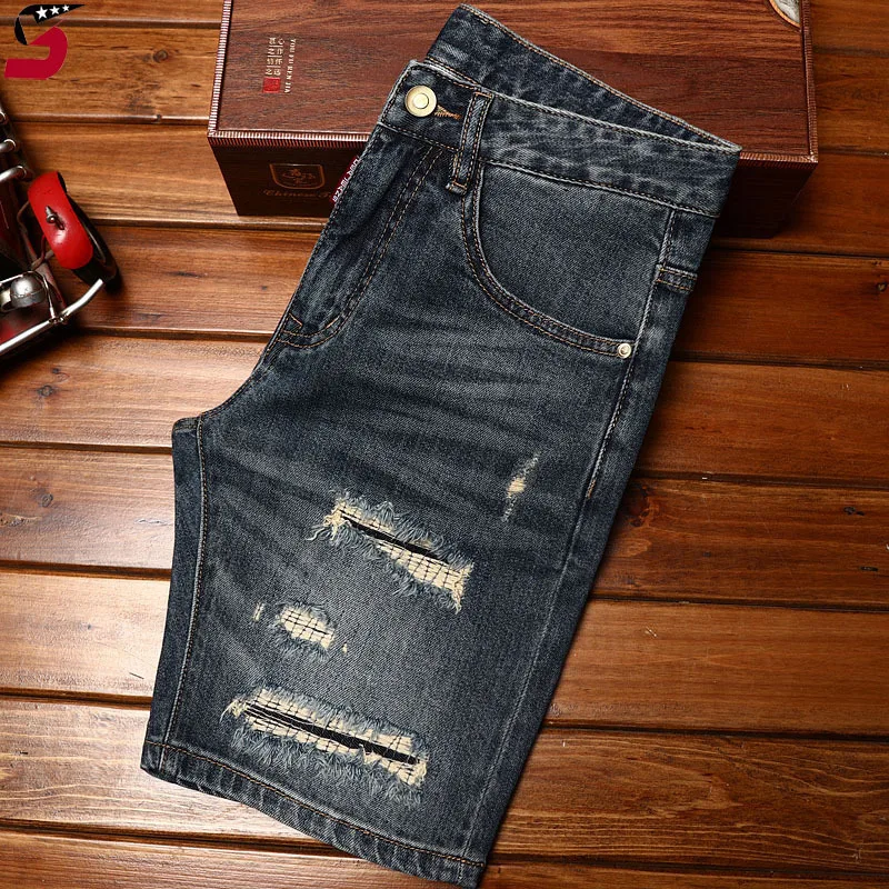 Shorts jeans rasgados para homens, roupas de moda high-end, slim fit, stretch, estilo coreano, azul, retro