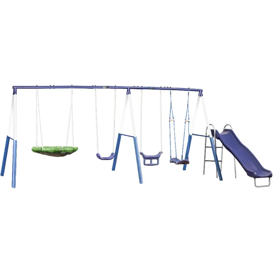 

Surf N Swing Painted Steel 5 Station Outdoor Backyard Swing and Play Set with Wave Slide Foam Leg Guards and Hardware Blue