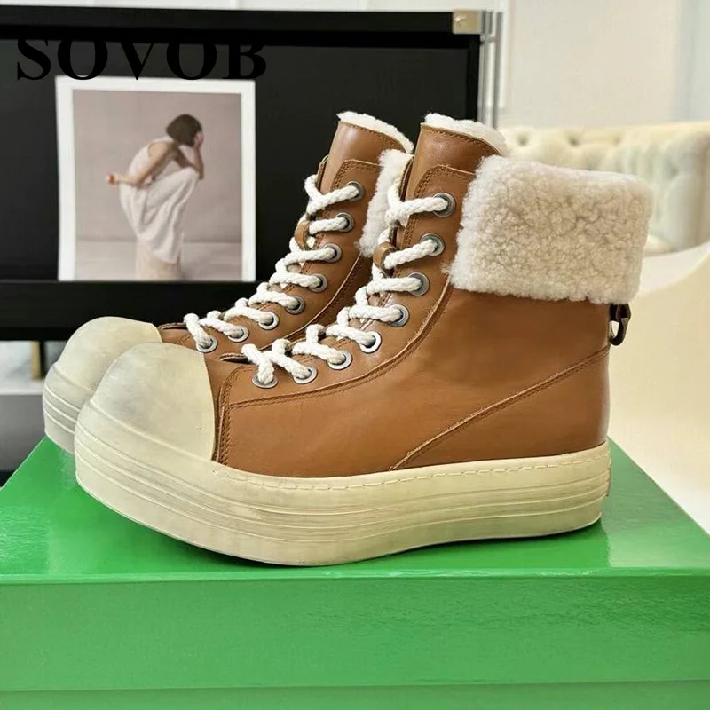 

New Winter Genuine Leather Thick Soled High Top Flat Bottomed Short Boots Women Solid Color Round Toe Lace Up Warm Snow Boots