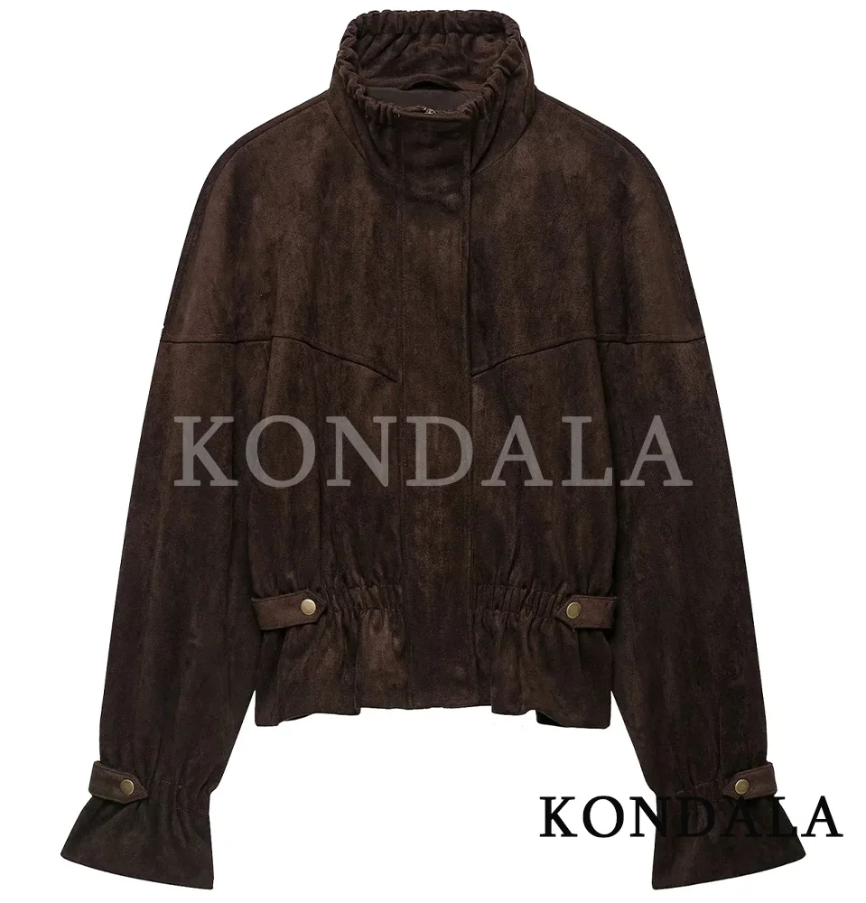 KONDALA Women 2026 Fall Winter Retro Elegant Jacket Faux Suede Casual Chic Zipper Coat Trendy Street Commute Coffee Brown Coat