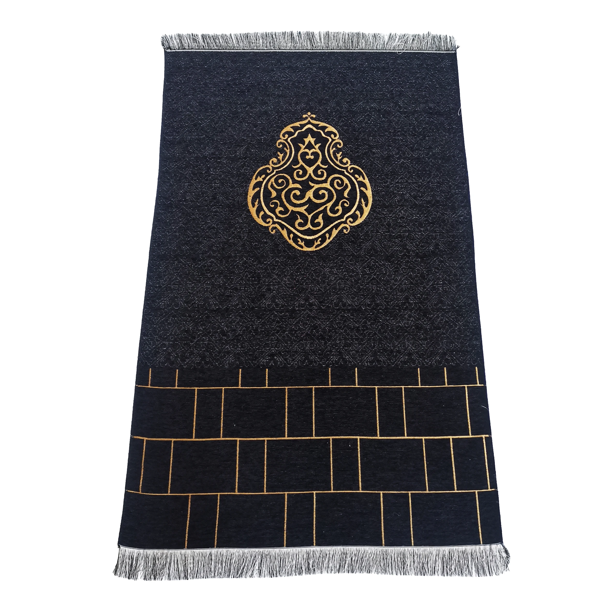 Black Kaba Design Muslim Prayer Mat Thin Chenille Fabric Pray Rug For Men