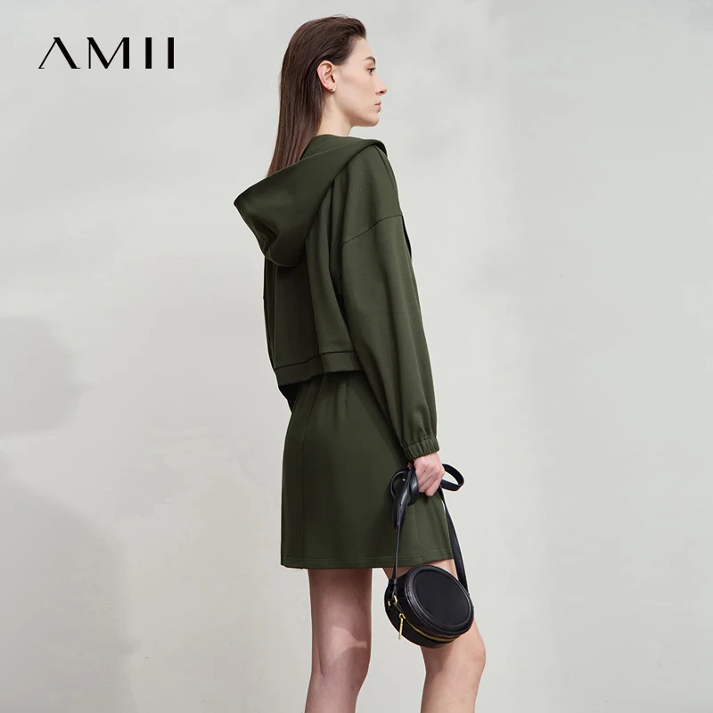 AMII Minimalist Woman's Sports Jacket Cotton 2025 Autumn New Green Hooded Long Sleeved Zipper Jacket Casual Outerwear 12543147