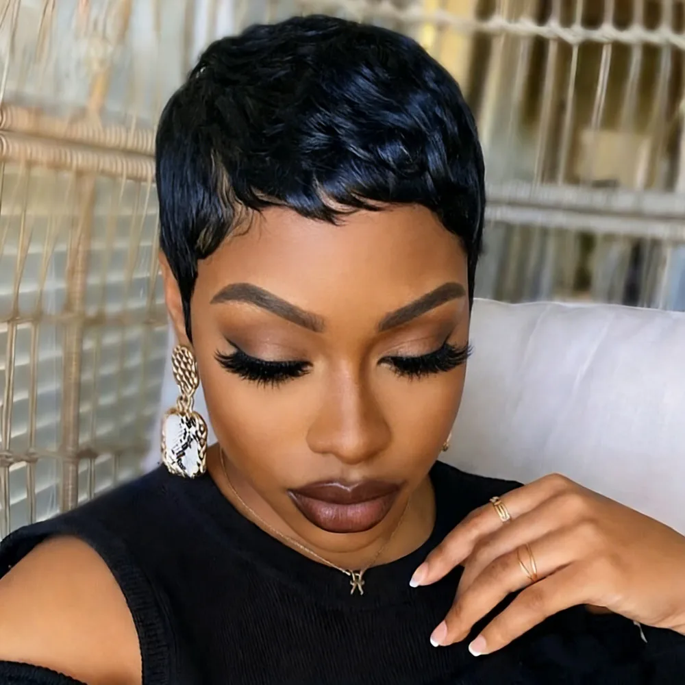 

short layered 4inch natural black color pixie wave human hair wig150% density wig machine made wig for women