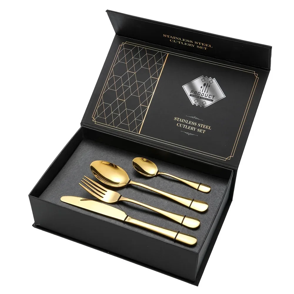 24Pcs Stainless Steel Dinner Black Dinnerware Set Western Spoon Knife Fork Cutlery Set Gift Box Kitchen Tableware Silverware Set