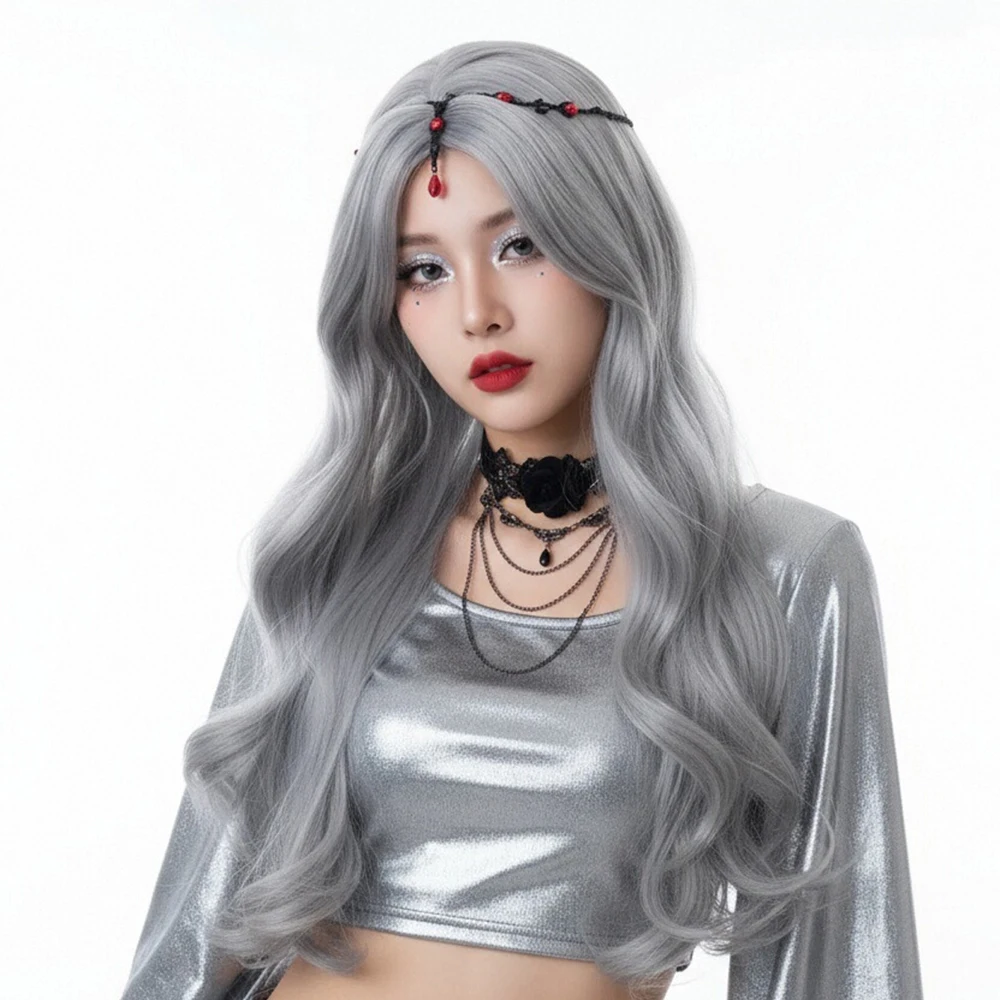 

Синтетический длинный серый волнистый парик, средняя часть, Лолита, косплей, пушистый женский термостойкий парик для повседневной вечеринки