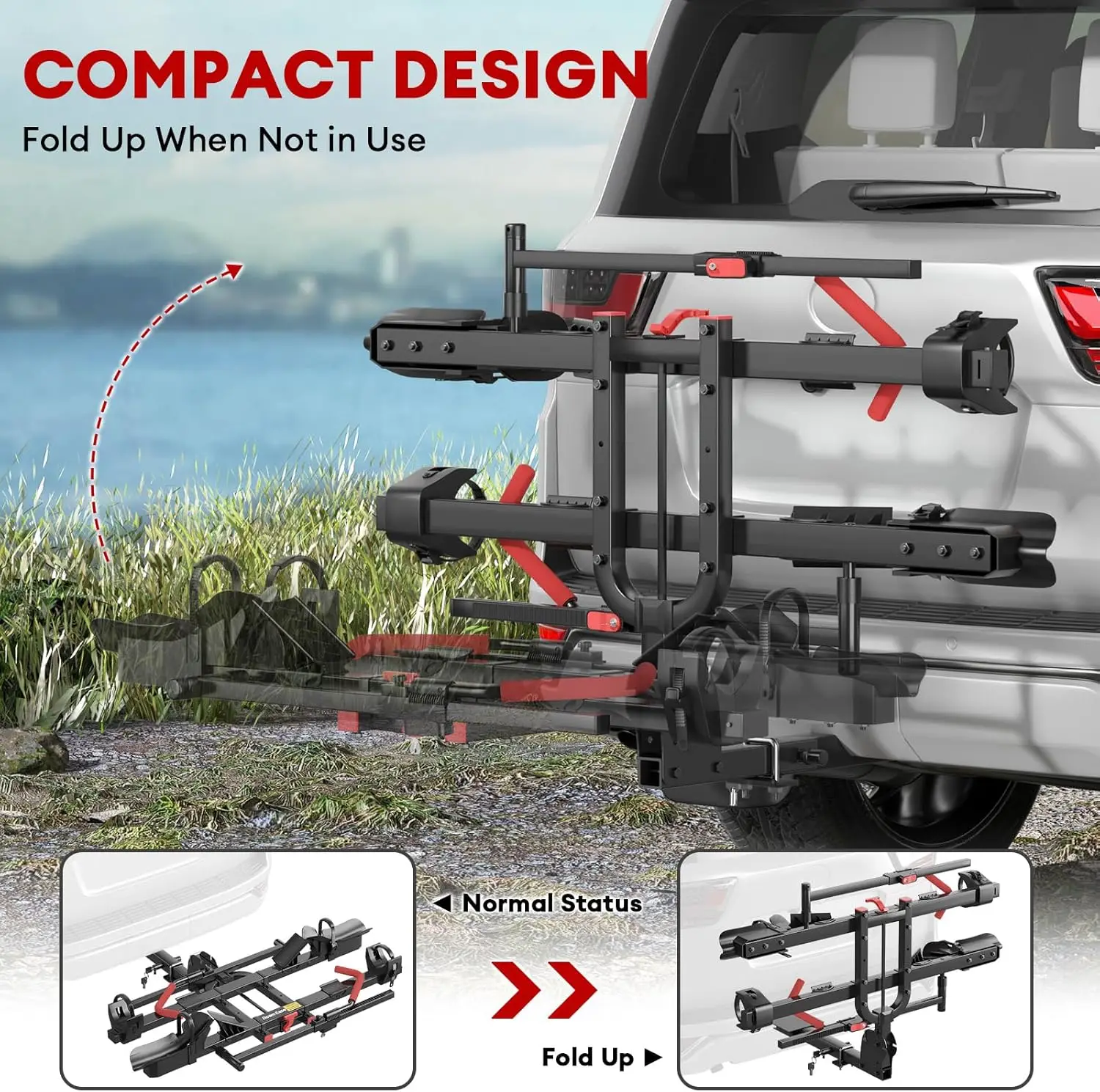 Foldable Hitch Mount Bike Rack with Ramp, 170lbs Capacity for 2 Heavy Ebikes, Fits Cars SUVs RVs Trailers