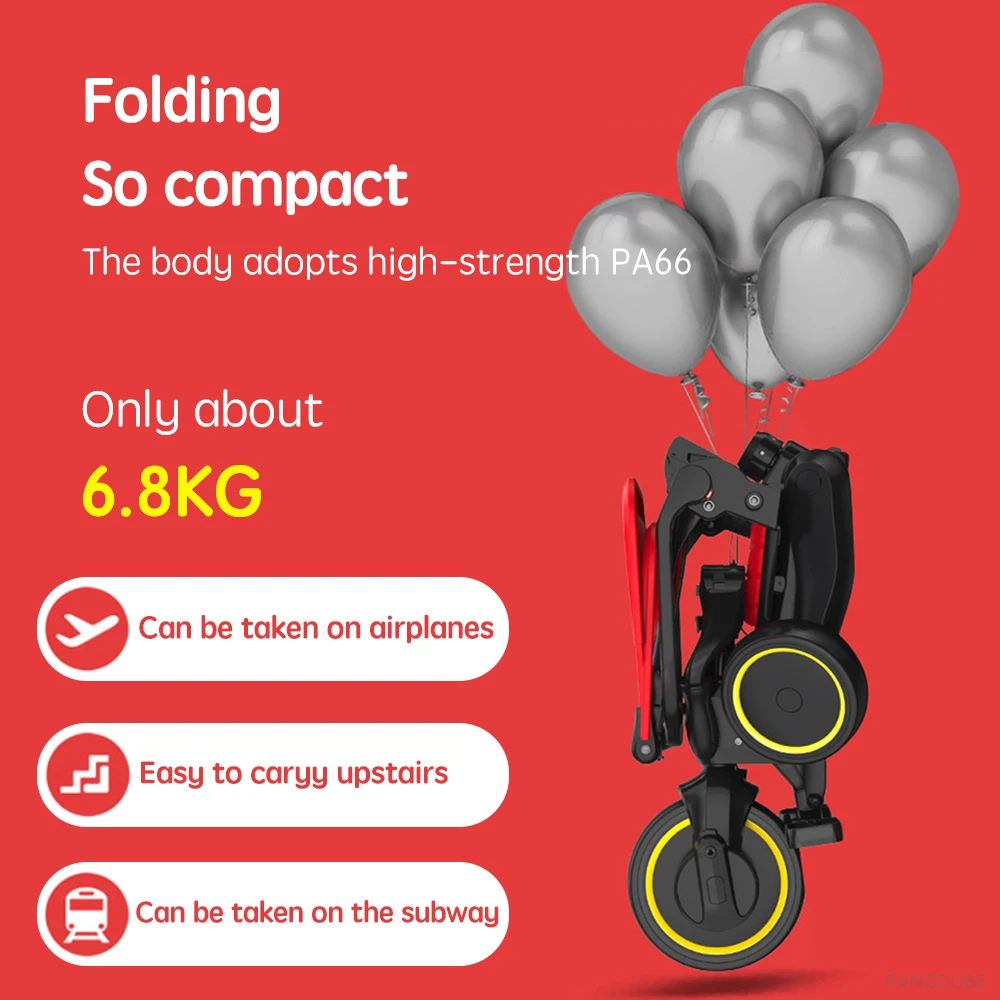 PANGDUBE 3-wiel kinderwagen 7,8 kg lichtgewicht opvouwbare driewieler voor 1-6 jaar multifunctionele kindertrike met ouderhandvat