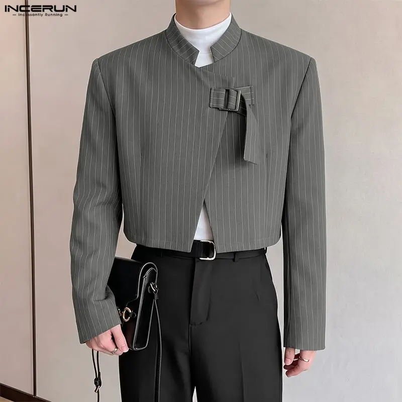 INCERUN Men's Striped Blazer Stand Collar Long Sleeve One Button Crop Blazer For Man Streetwear 2026 Fashion Casual Male Suit