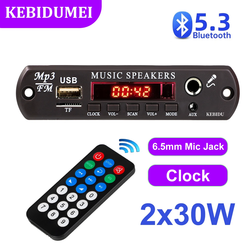 60W Bluetooth 5.0 MP3 Decoder Board DC 12-20V MP3 Player with Clock 6.5mm Mic Jack FM Radio TF AUX Function For Car Speaker