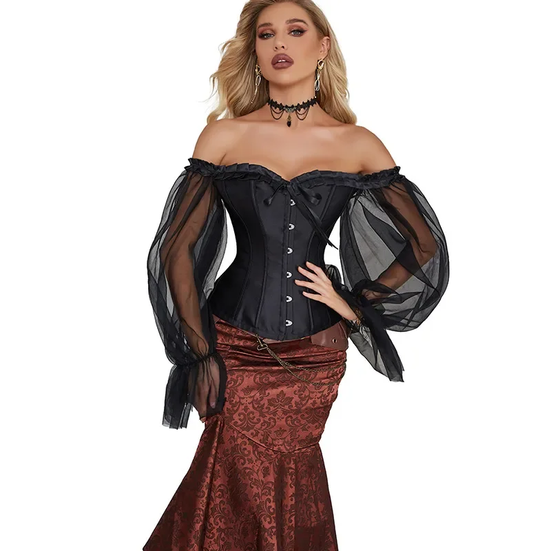 Long Sleeves Bustier Top Gothic Victorian Women Corset Vintage Basques Off Shoulder Waist Overbust Corselet