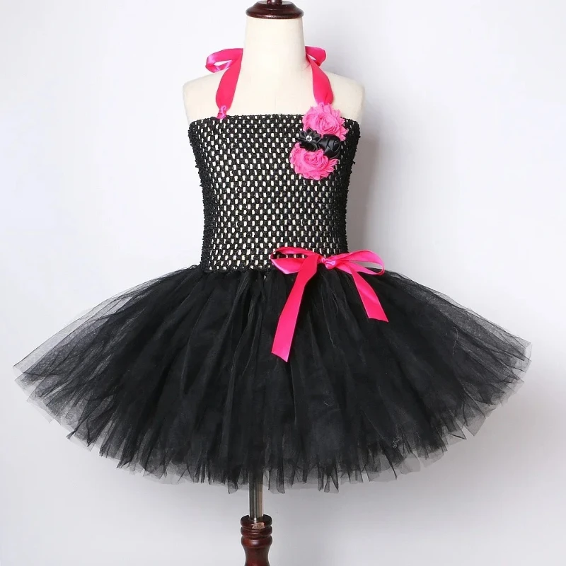Baby Girls Hot Pink Black Cat Costumes for Kids Animal Halloween Outfit Little Kitty Ballet Tutu Dress with Ears Bowtie Tail Set