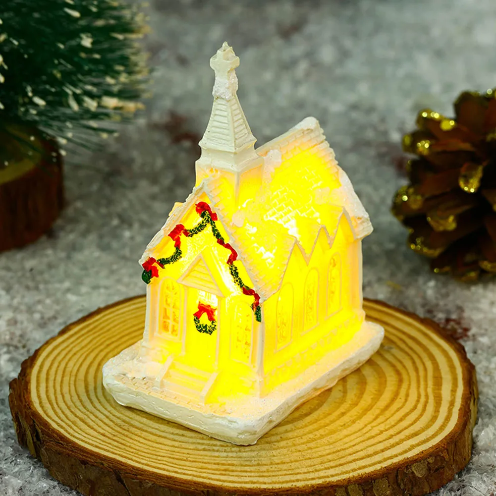 Christmas Decoration White Luminescent Resin Small House Light House New Year Gifts Party Home Desktop Decoration