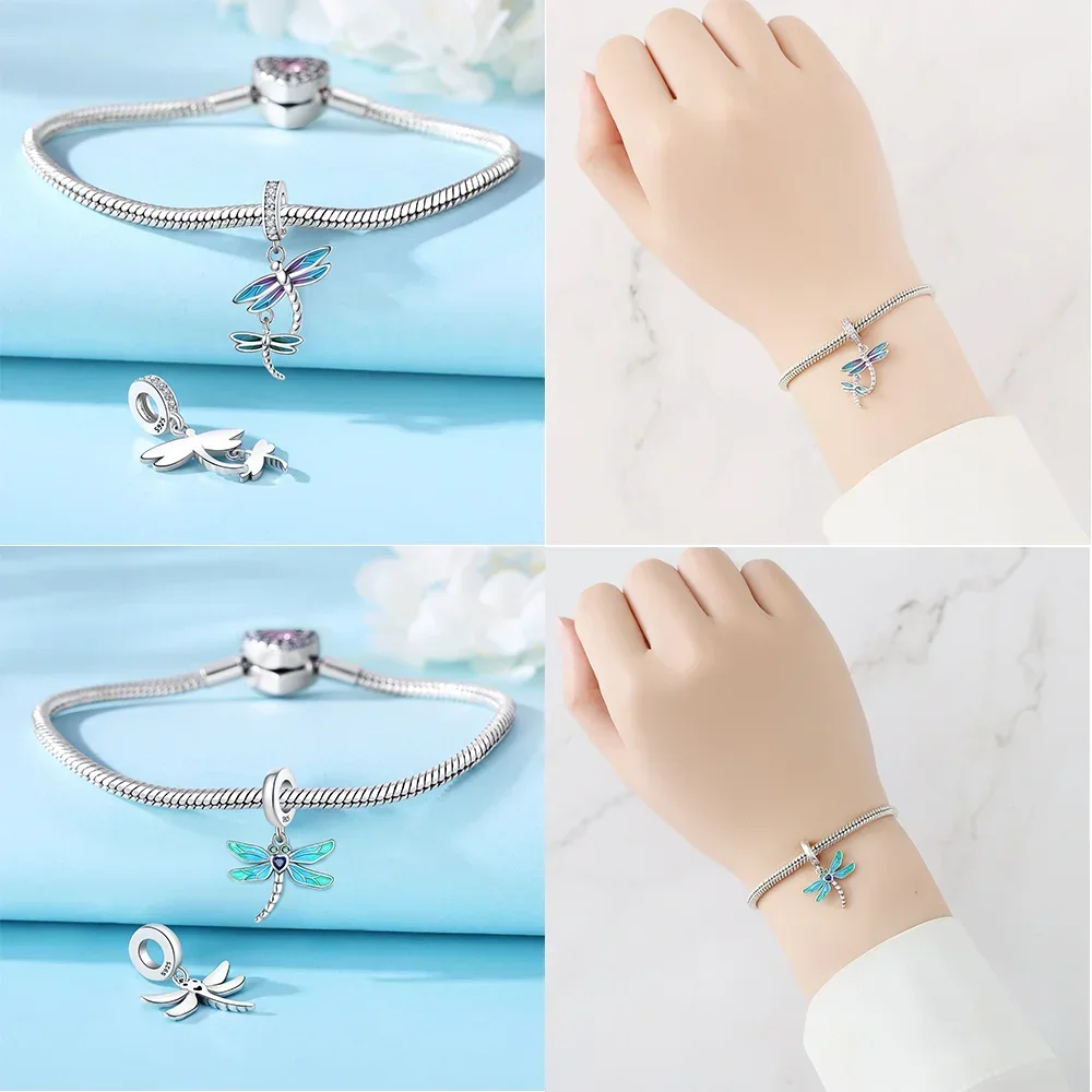 Elegant Original 925 Silver Charm Beads Dragonfly Hummingbird Peacock Snail Pendant Fit Bracelet Charm Making Jewelry Women Gift