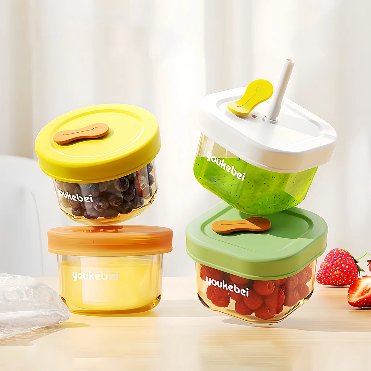 

PPSU Baby Food Storage Box, Baby Food Bowl for Steaming Eggs and Storing, Portable Weaning Tool with Straw for Babies