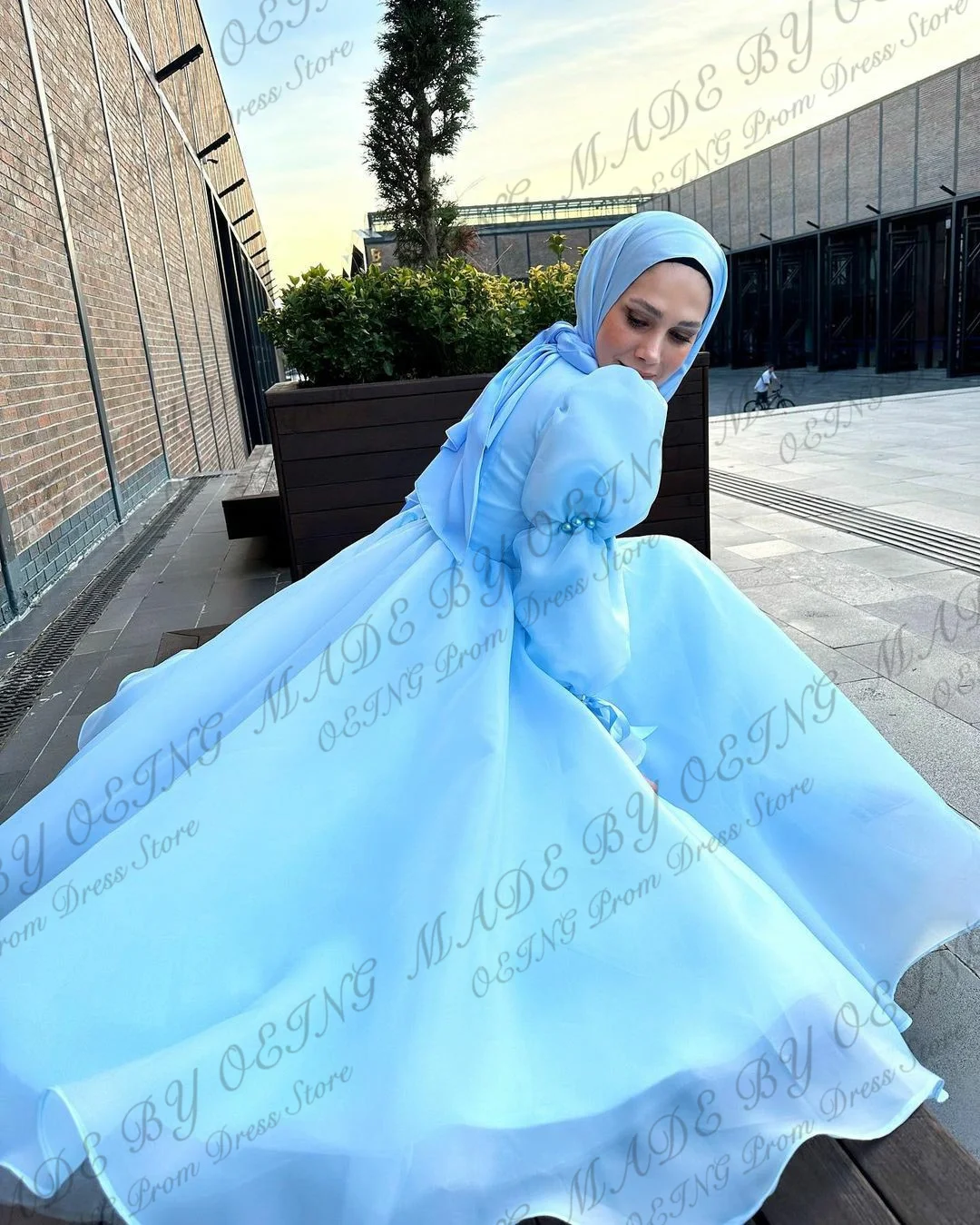 OEING Simple Sky Blue Organza Prom Evening Dresses Muslim Arabic Dubai Women Long Sleeves High Neck Formal Prom Party Gowns