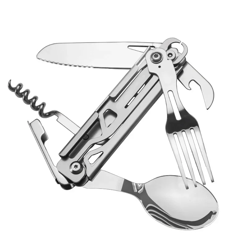 Vajilla plegable EDC multifuncional para exteriores, cuchillo portátil para comida, tenedor, cuchara, botella, utensilios de cocina para acampar al aire libre, titanio