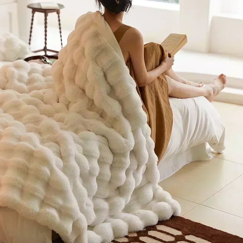 

Soft and Cozy Toscana Rabbit Fur Blanket With Double-sided Bubble Fleece - Perfect for Office and Sofa Cover Warm Winter Bed