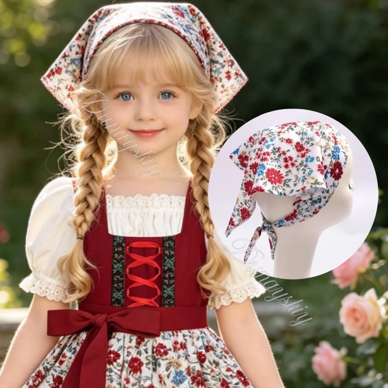 

3Pcs Bavarian Dirndl Costume Children Girls German Oktoberfest Floral Dirndl Outfit Dress Apron Matching Headscarf Vintage Stage