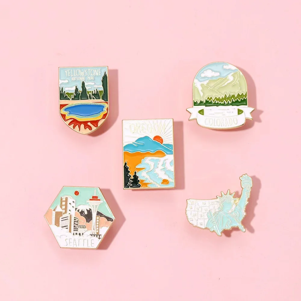 Wholesale Iconic Building Scenic Spot Enamel Pins Statue Of Liberty Seattle Colorado Mountains Lakes Lapel Badges Jewelry Gifts