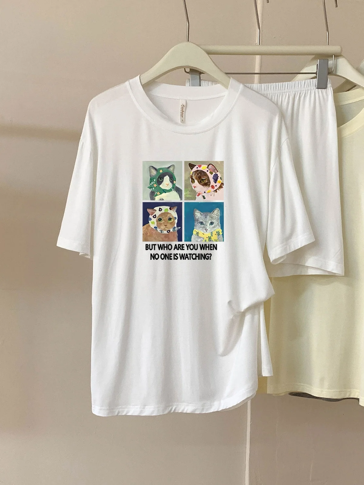 

Sd 36 # Little Cat Cartoon Print Two-Piece Set Double Short Modal Cotton Loose Short-Sleeved Shorts Women's Pajamas Set Summer New Round Neck Casual Lazy Style College Ladies Home Wear Set