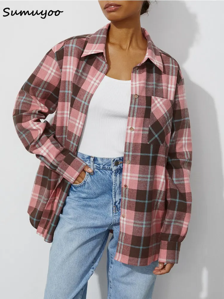 Sumuyoo Women Retro Plaid Turn Down Collar Shirts Spring Autumn Office Ladies Pink Single-breasted Blouses Female Tops 2023