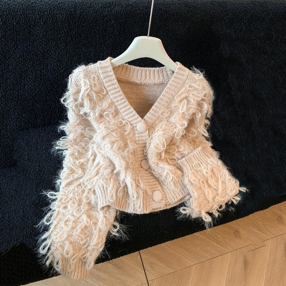 

Curl Hair Style Warm Cardigan Women's Winter Knitted Sweater Short Coat Chic Casual Long Sleeve V-neck Single Breasted Outerwear