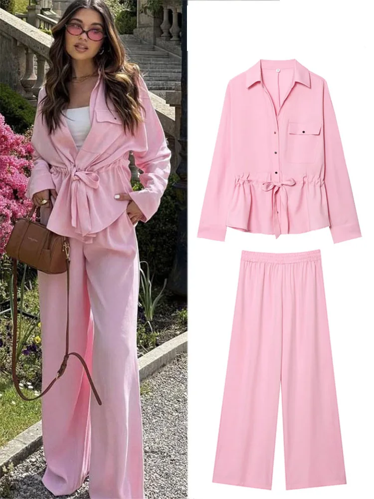 

HH 2025 летняя женская плиссированная повседневная рубашка с высокой талией и широкими штанинами, комплект сафари, рубашка с длинными рукавами и лацканами, женская уличная одежда