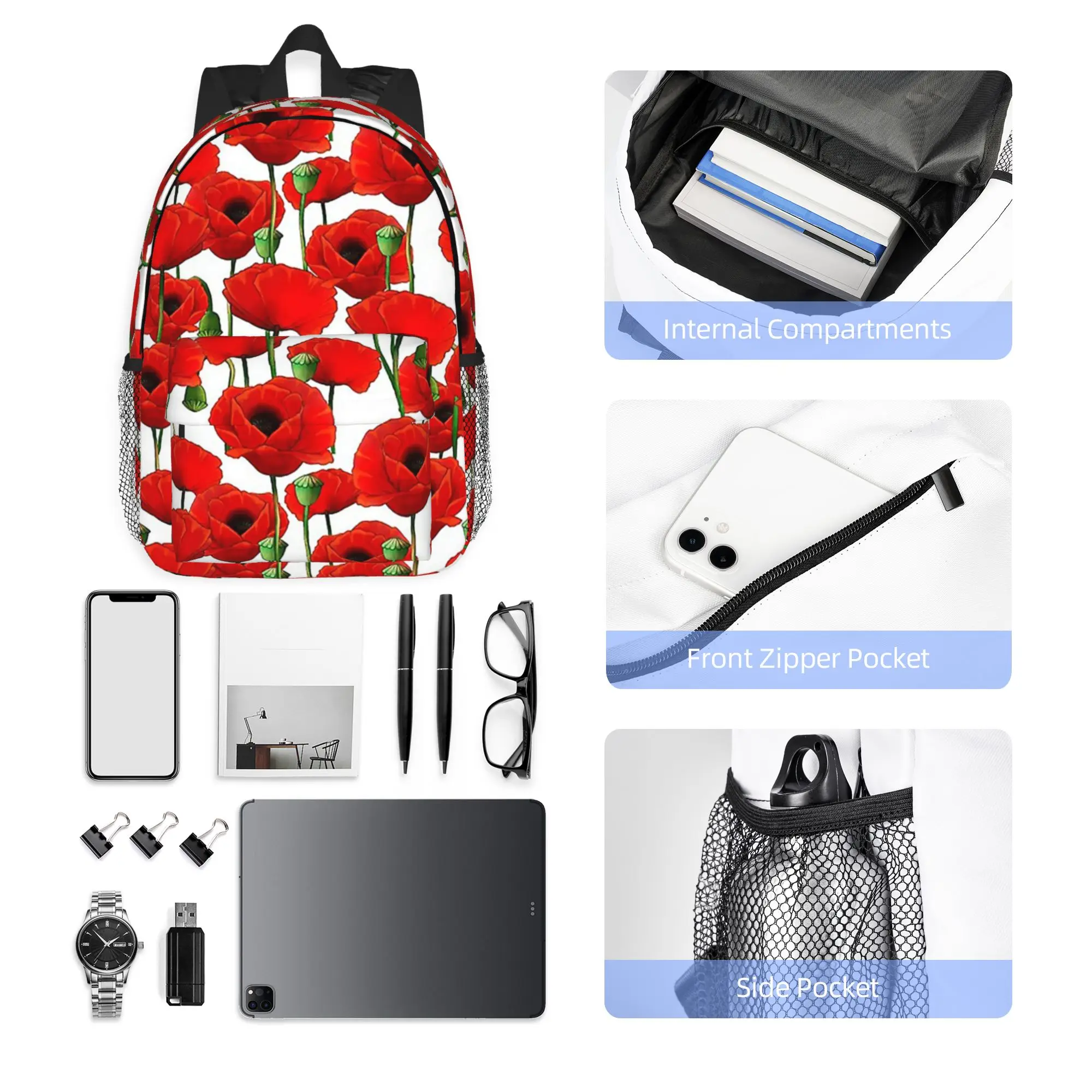 Poppy Pattern Backpack Hot Sale Daypack Large Capacity Boys Girls BookBag Shoulder Bags for Men Women School Bag