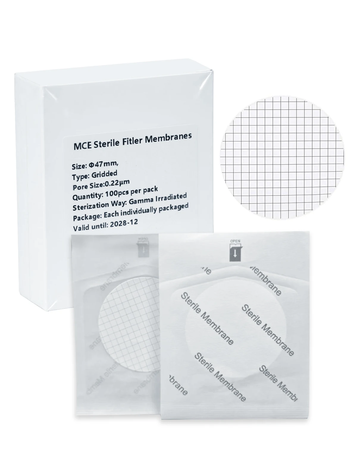 100 szt. Filtrów membranowych 47mm, sterylne MCE 0,22um 0,45um, opcjonalnie z siatką / bez siatki, białe, do mikrobiologicznych testów laboratoryjnych. — zdjęcie produktu 3