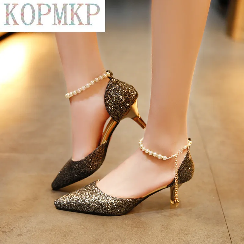 Sexy Pointed Toe Pearl High Heels Shoes Female Fashion Hollow with Sandals Paillette of The Thin Breathable Shoes Women Pumps