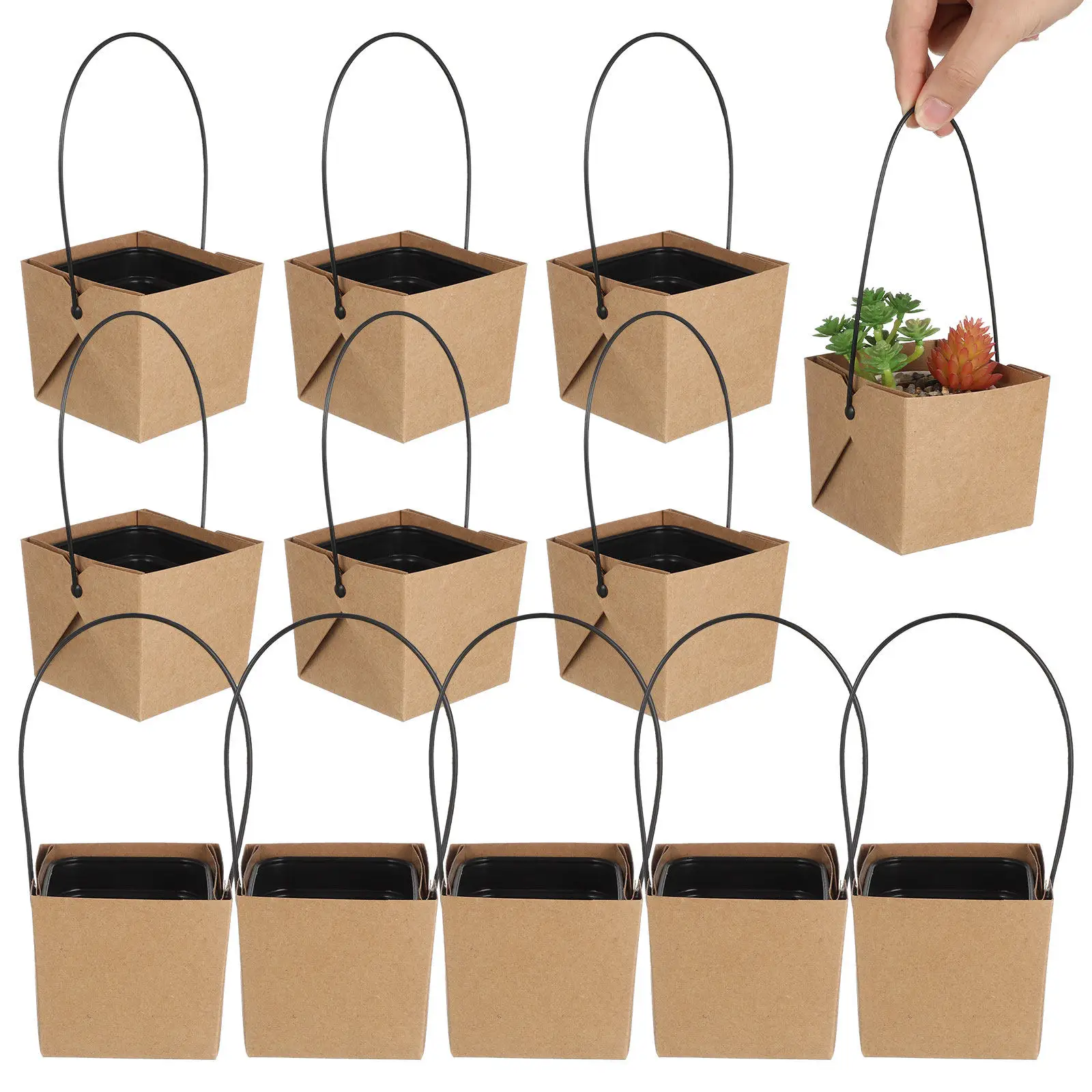 

12Sets Mini Succulent Boxes Plastic Planters with Drainage Holes Kraft Paper Handle Bags for Wedding Favors Tabletop Decor