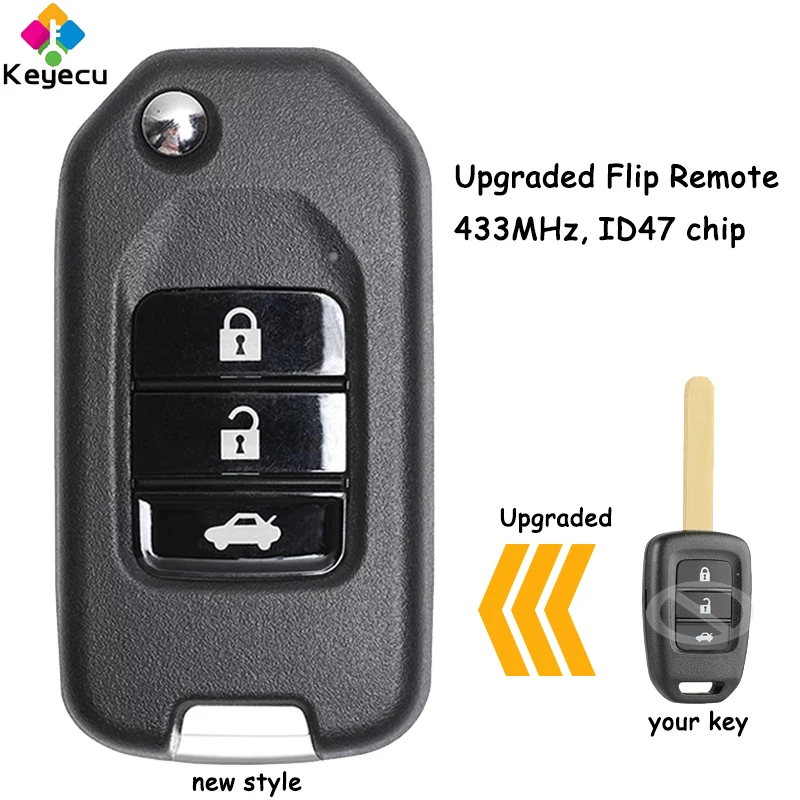 

KEYECU Upgraded Flip Remote Key With 3 Buttons 433MHz ID47 Chip Fob for Honda Civic City B-RV Accord Crider 2013 2014 2015 2016