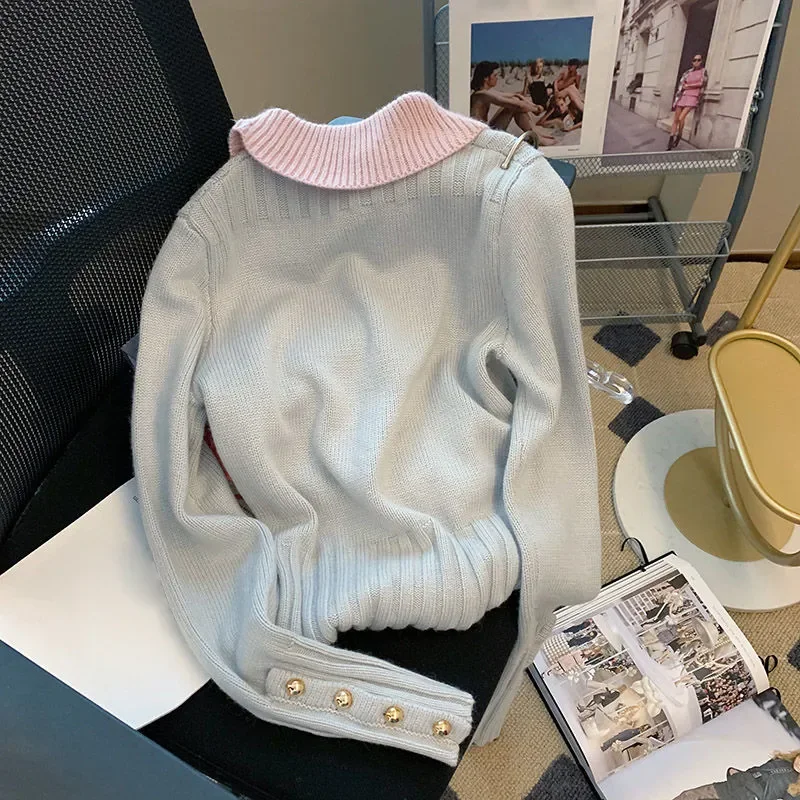 DAYIFUN-Women's Peter Pan Collar Knitted Cardigans Sweet Sweaters Korean Chic Single Breasted Patchwork Top Spring Autumn Jumper