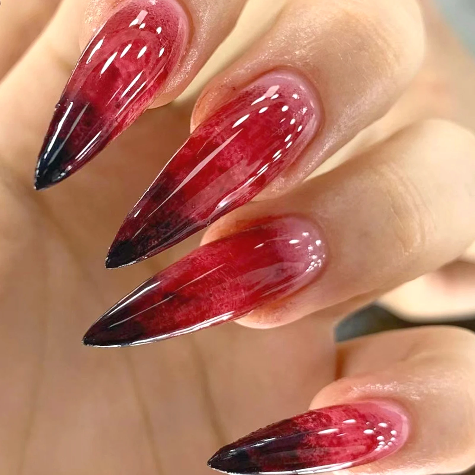 24szt Halloween Fałszywe Paznokcie Czarny Czerwony Gradient Fałszywe Paznokcie Spiczaste Tipsy Do Noszenia Długie Y2k Press On Nails Stiletto Dla