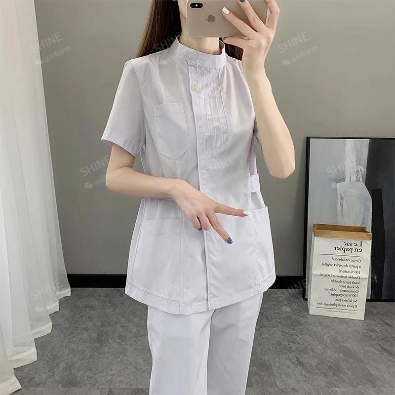 Witte Verpleegstersuniformen Korte Medische Scrubs Top Laboratoriumjas Doktersuniform Vrouwen Outwear Schoonheidssalon Medische Kleding Met Lange Mouwen