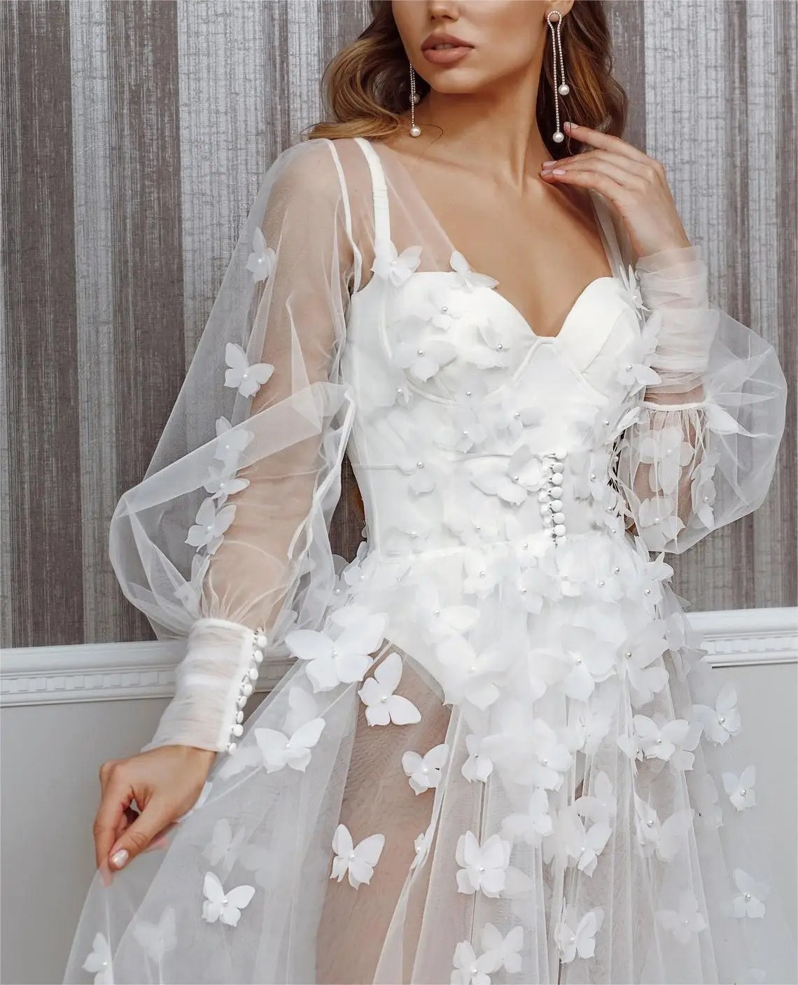 Farfalla Appliques Tulle abito da sposa pigiameria manica lunga Lingerie matrimonio accappatoio da sera indumenti da notte abiti Robe su misura