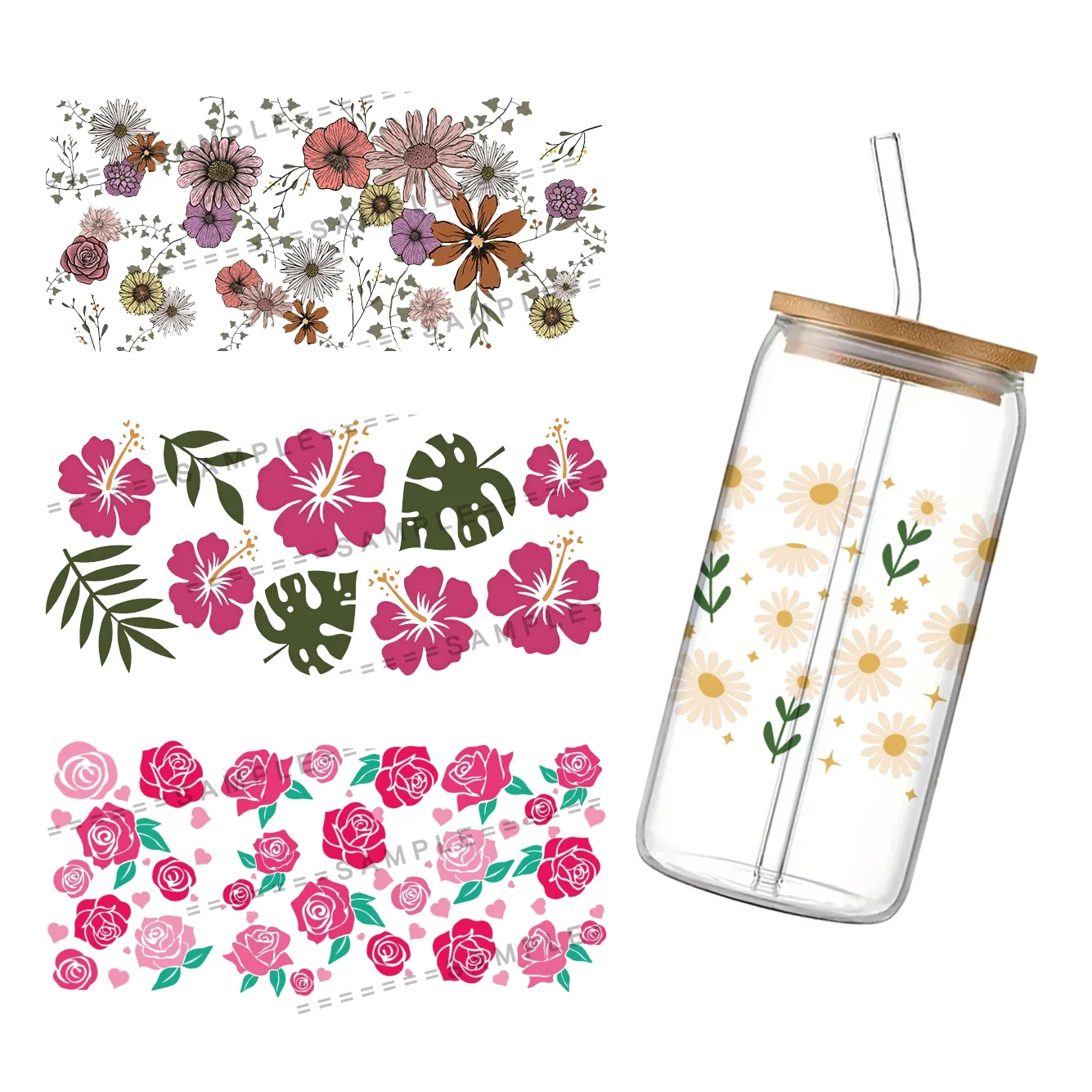 

24x11cm Sunflower Plant For Libbey 16oz Can Glass UV DTF Coffee Can Wrap Libbey Glass Wrap Colorful Flowers