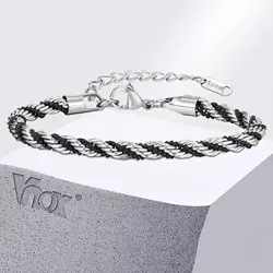 Vnox Silver Color Twisted Rope Chain Bracelets for Men Women, Unisex Black Beads Link Chain Braelet, Stitching 2 Tones Wristband