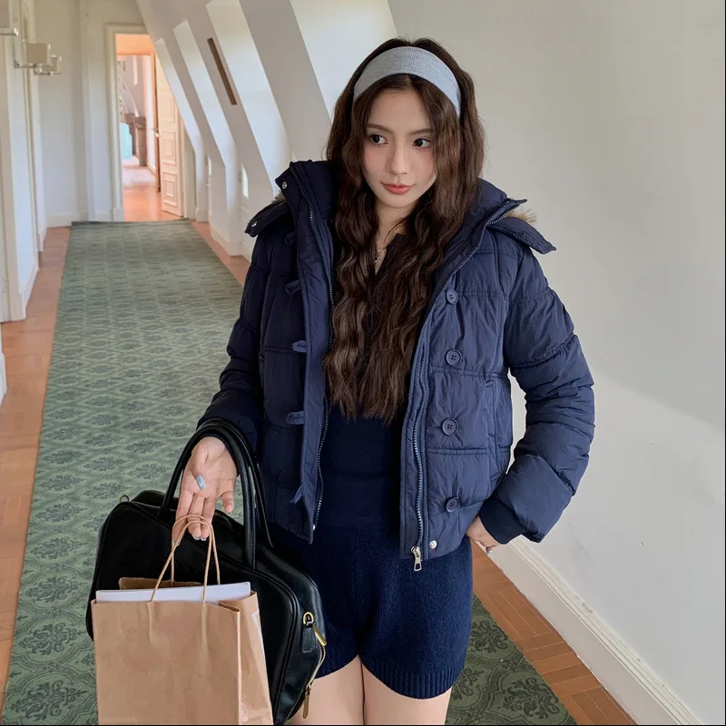 Women Short Parkas Coats Hooded Overcoats Solid Fur Collar Zipper Long Sleeve Loose Thick Casual Office Lady Autumn Winter 2025